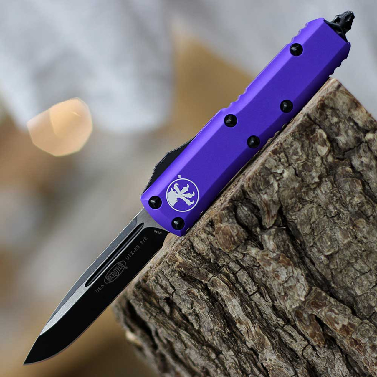 Microtech UTX-85 S/E (MCT2311PU) 3.125" Premium Steel Two-Toned Drop Point Plain Blade, Purple Aluminum Handle