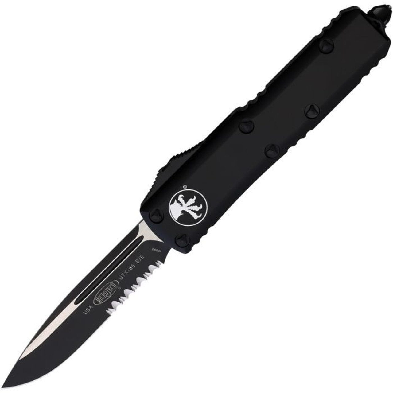 Microtech UTX-85 S/E (MCT2312T) 3.125" Premium Steel Two-Toned Drop Point Partially Serrated Blade, Black Anodized Aluminum Handle with Double-Action Thumb Slide