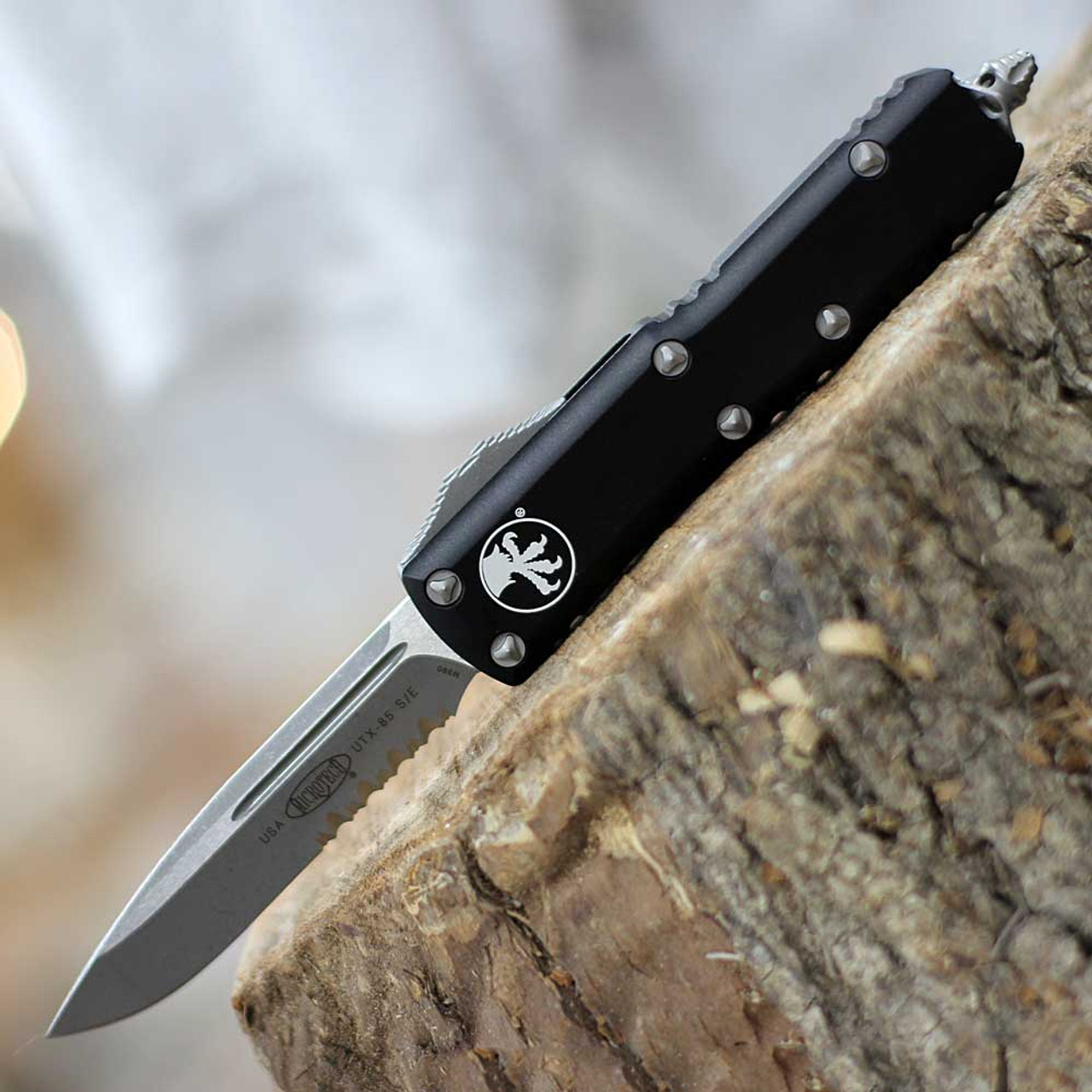 Microtech UTX-85 S/E (MCT23111AP) 3.125" Premium Steel Apocalyptic Finished Drop Point Partially Serrated Blade, Black Handle