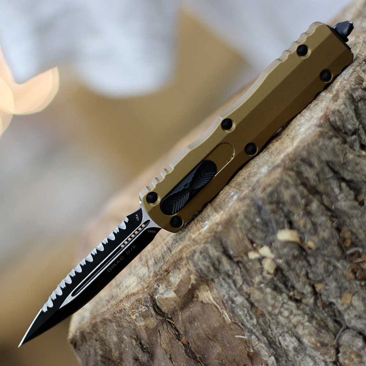 Microtech Dirac D/E OTF (MCT2253TA) 3.75" Black Double Edged Dagger Plain and Serrated Blade, Tan Aluminum Handle