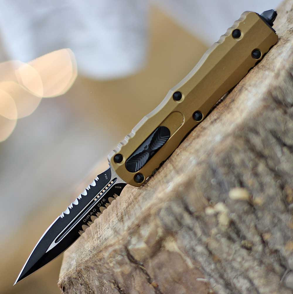 Microtech Dirac D/E OTF (MCT2252TA) 2.92" Black Double Edged Dagger Partially Serrated Blade, Tan Aluminum Handle