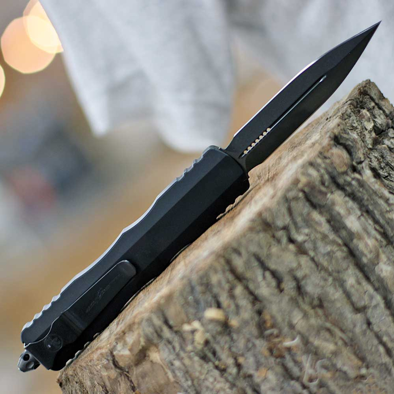 Microtech Dirac Delta D/E (MCT2271DLCTSH) 3.75" Premium Steel Black Double Edged Dagger Plain Blade, Black Aluminum Handle with Double-Action Thumb Slide