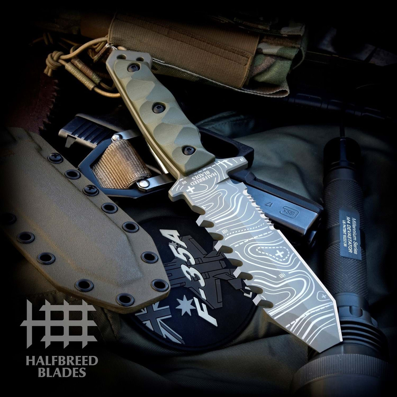 Halfbreed Blades Emergency Rescue Knife TOPO (ERK-01) 5.11" K110 (D2) Teflon Coated Olive Drab Chisel Point Blade, Olive Drab G-10 Handle, Olive Drab Kydex Sheath