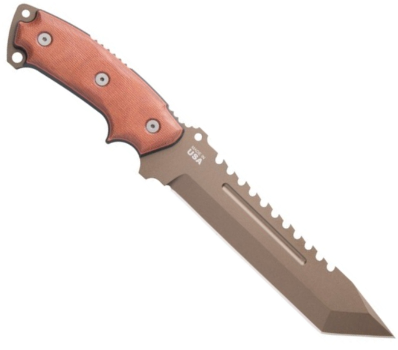 TOPS Knives Steel Eagle 107D Delta Class (TPSE107D2DC) 7.63" 1095 Midnight Bronze Tanto Point Plain Blade with Sawback, Tan Canvas Micarta Handle, Tan Kydex Sheath