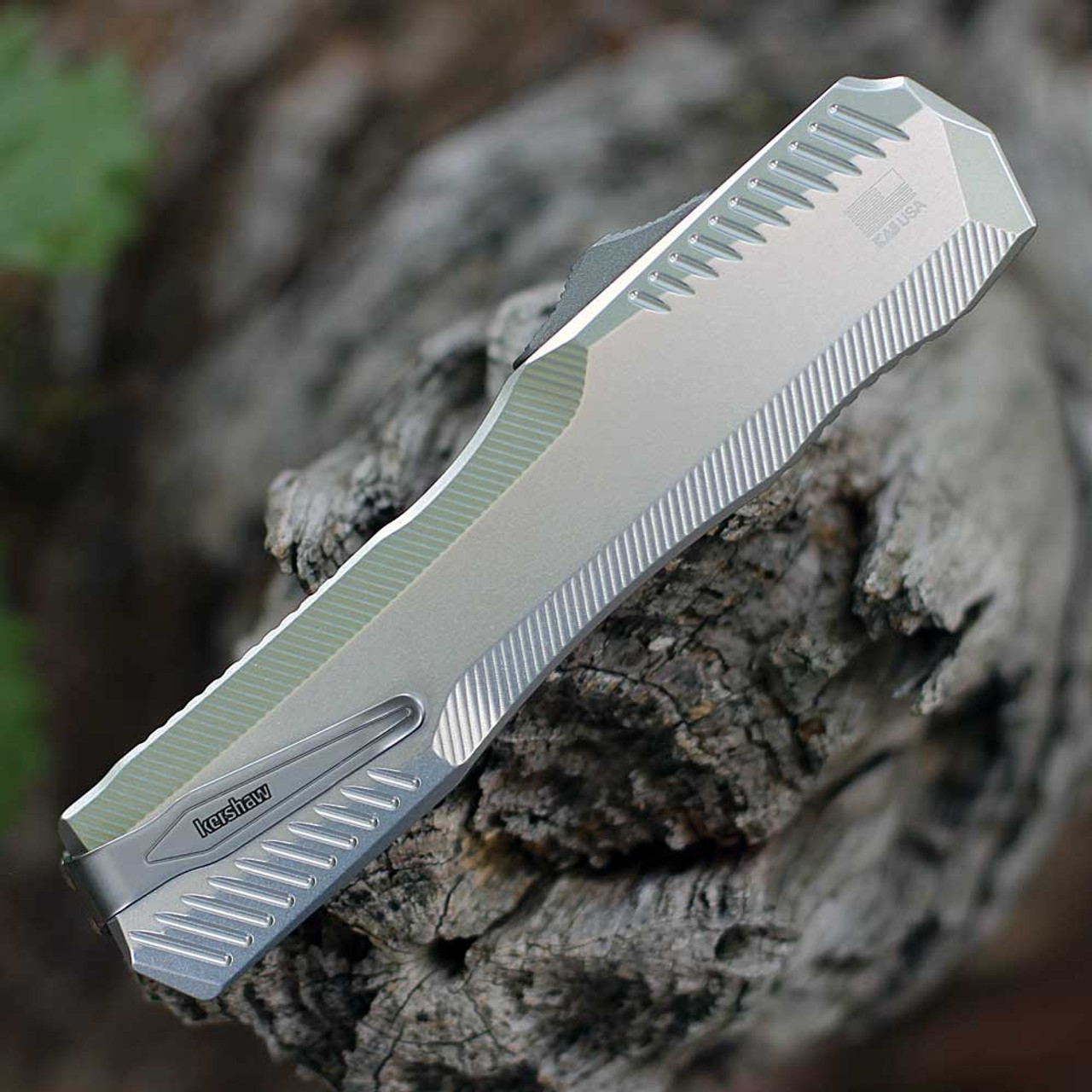 Kershaw Livewire OTF (9000RAW) 3.3" CPM-MagnaCut Stonewashed Spear Point Plain Blade, Raw 6061-T6 Aluminum Handle