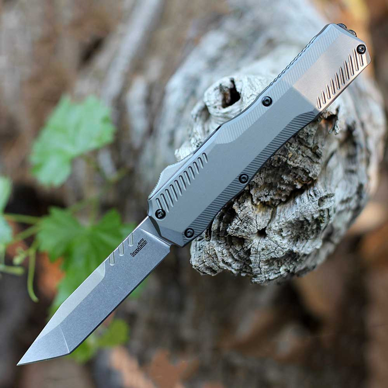 Kershaw Livewire OTF (9000TGRYSW) 3.3" CPM-MagnaCut Stonewashed Tanto Plain Blade, Gray 6061-T6 Aluminum Handle