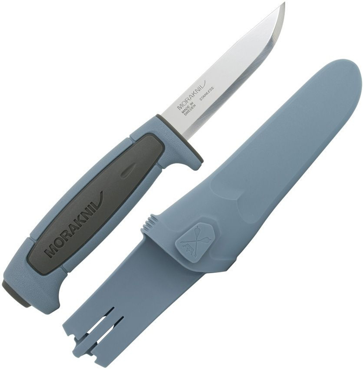 Mora Basic 546 (FT02641) 3.5" Swedish Stainless Steel Satin Clip Point Plain Blade, Blue and Gray Polypropylene Handle, Blue Polypropylene Belt Sheath