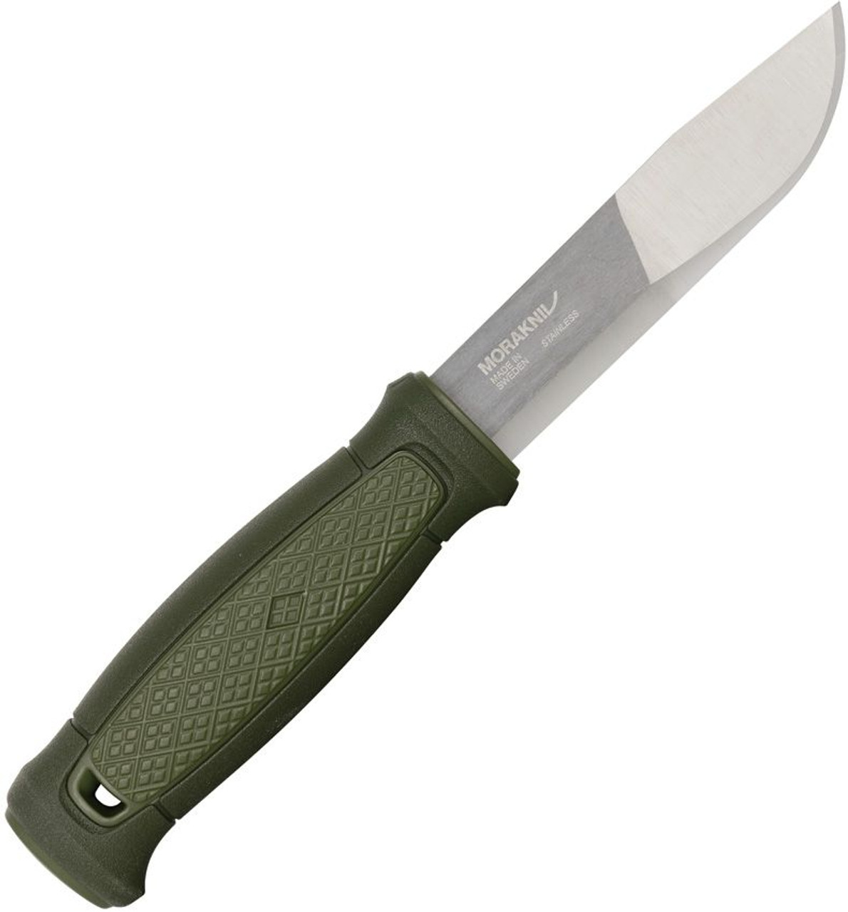 Morakniv Kansbol w Survival Kit (FT02566) 4.125" 12C27 Stainless Steel Satin Drop Point Plain Blade, Green Polymer with Rubber Insert Handle, Green Polymer Sheath, Detachable Survival Kit with Fire Starter, Diamond Sharpener, and Reflective Paracord, Detachable Leather Belt Loop