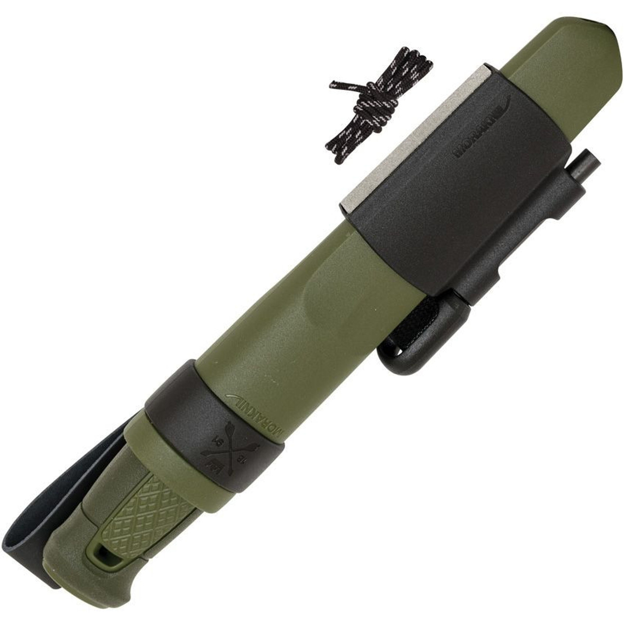 Morakniv Kansbol w Survival Kit (FT02566) 4.125" 12C27 Stainless Steel Satin Drop Point Plain Blade, Green Polymer with Rubber Insert Handle, Green Polymer Sheath, Detachable Survival Kit with Fire Starter, Diamond Sharpener, and Reflective Paracord, Detachable Leather Belt Loop