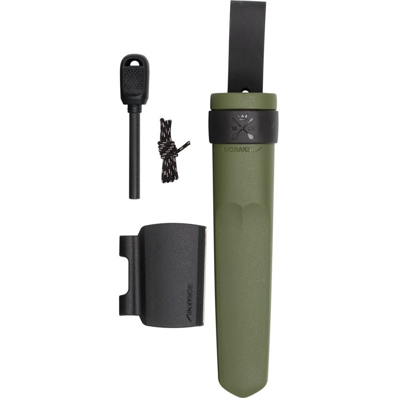 Morakniv Kansbol w Survival Kit (FT02566) 4.125" 12C27 Stainless Steel Satin Drop Point Plain Blade, Green Polymer with Rubber Insert Handle, Green Polymer Sheath, Detachable Survival Kit with Fire Starter, Diamond Sharpener, and Reflective Paracord, Detachable Leather Belt Loop