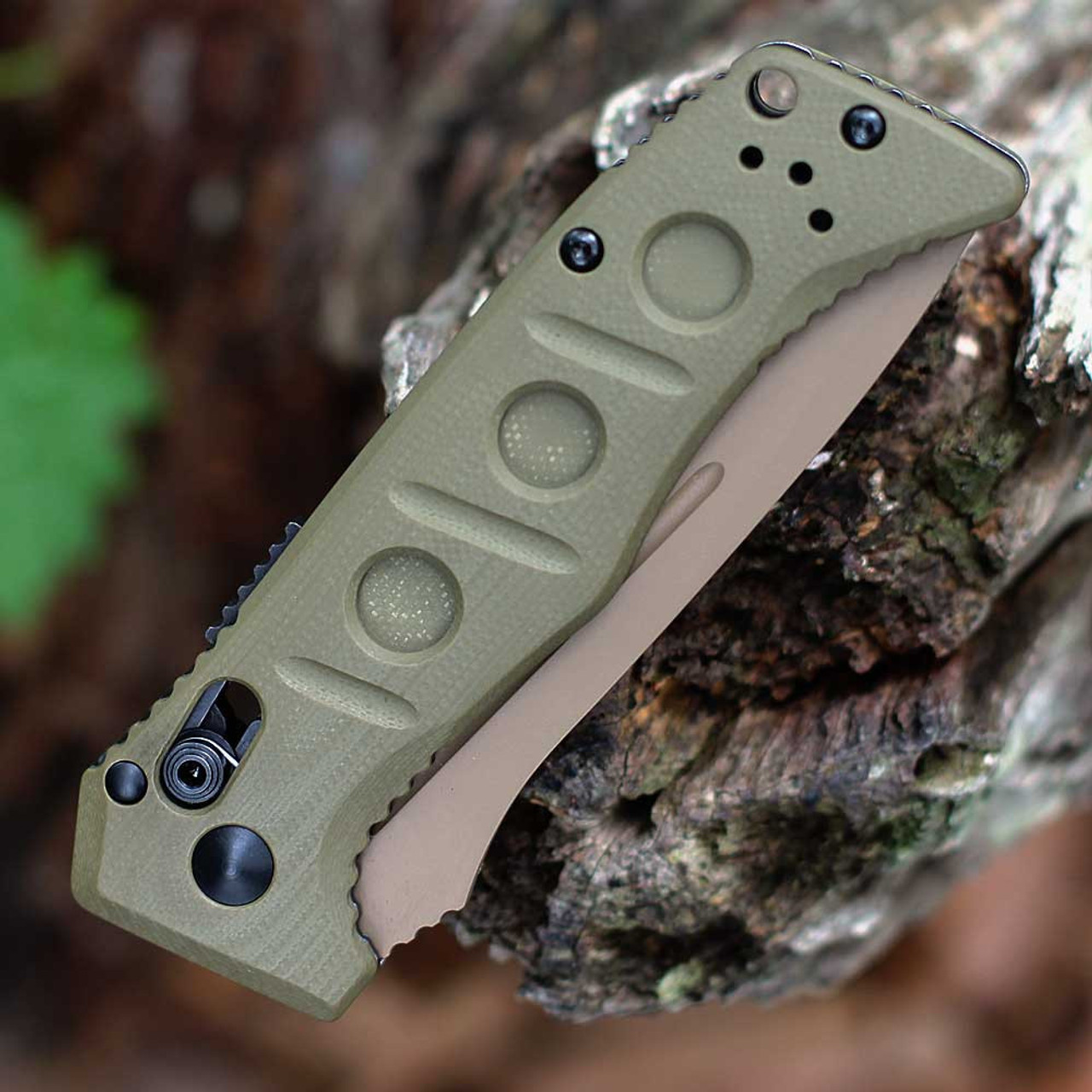 OD Green G-10 handle scales on Benchmade compact automatic knife