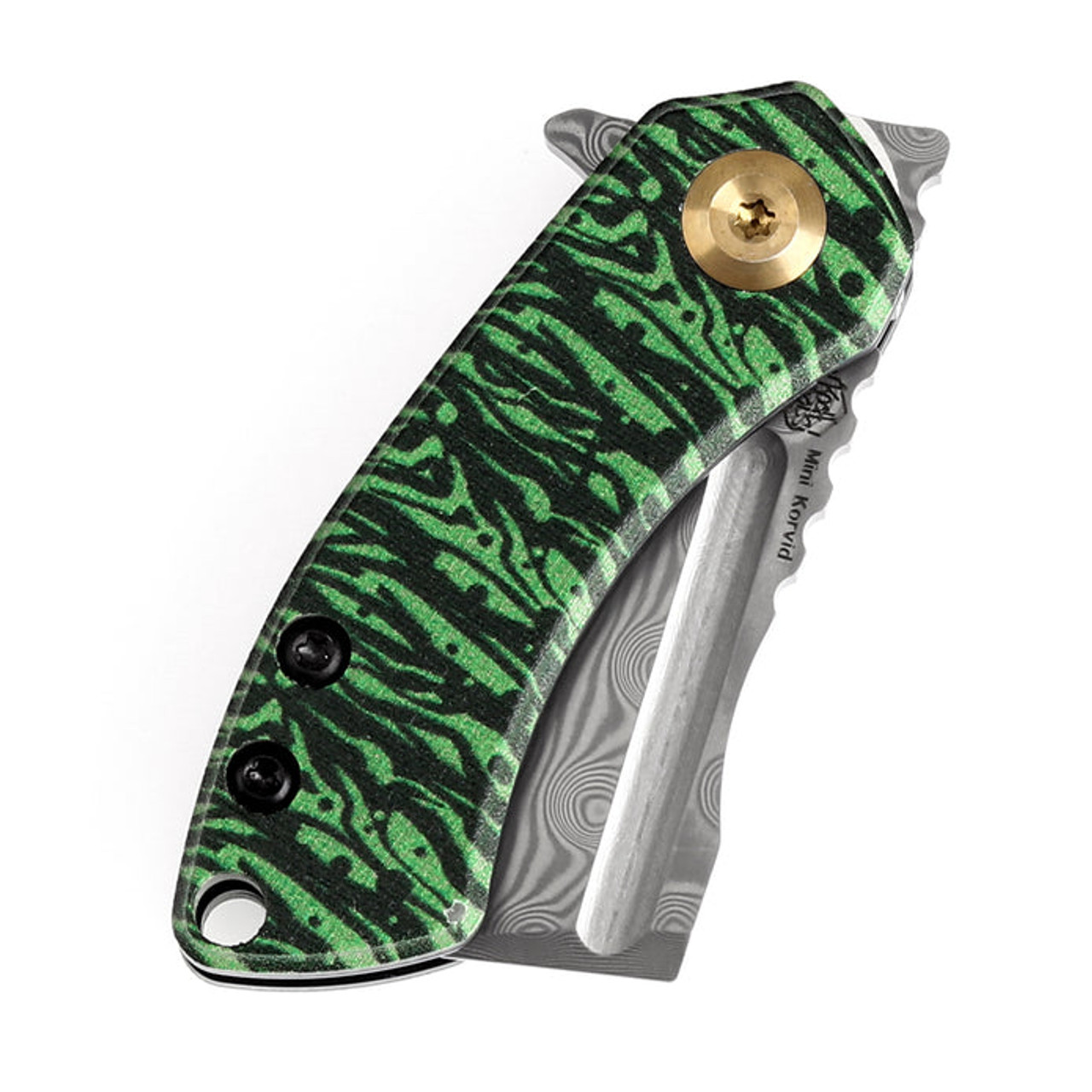 Kansept Knives Mini Korvid (K3030A12) 1.45" Damascus Cleaver Plain Blade, Blk/Green G-10 Handle