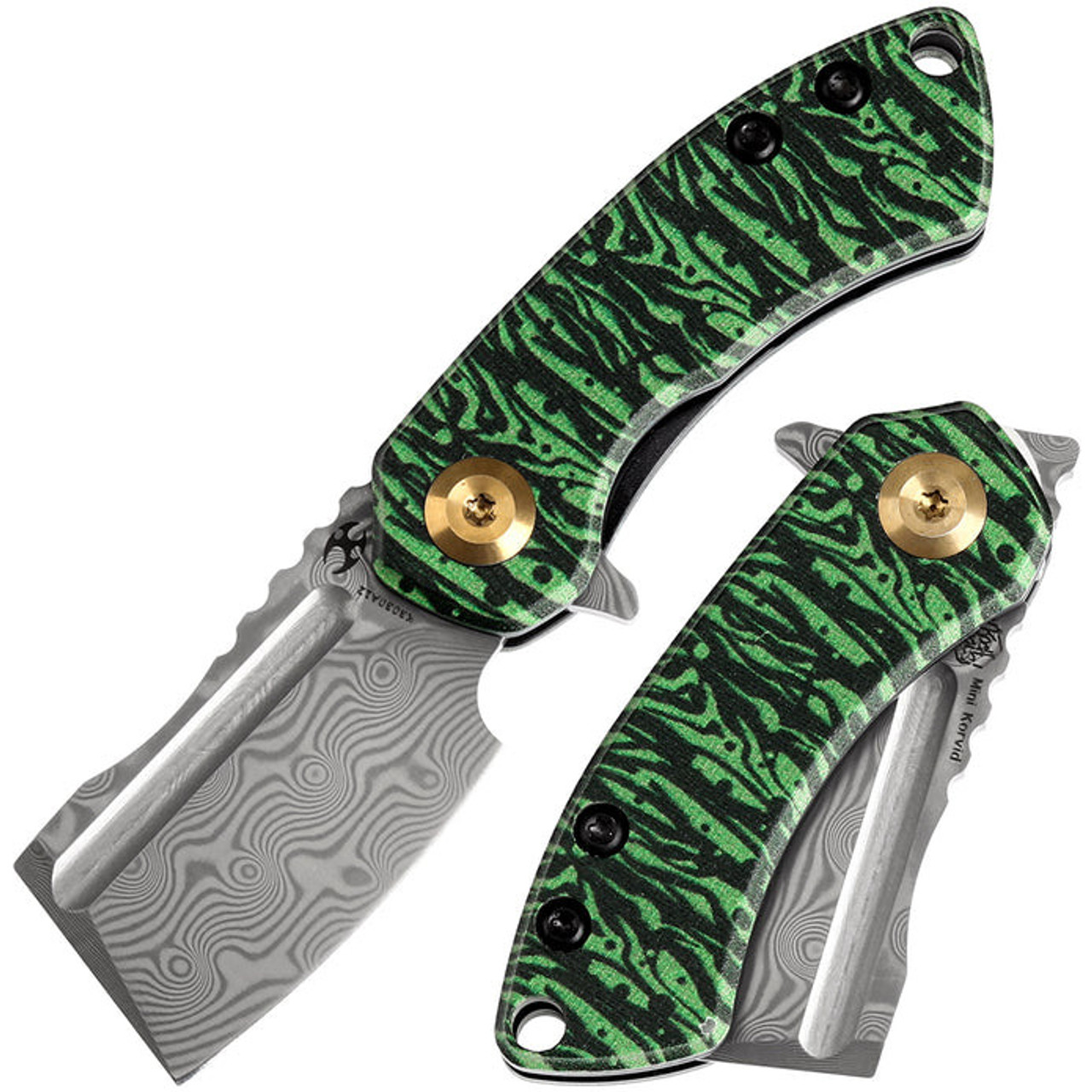 Kansept Knives Mini Korvid (K3030A12) 1.45" Damascus Cleaver Plain Blade, Blk/Green G-10 Handle