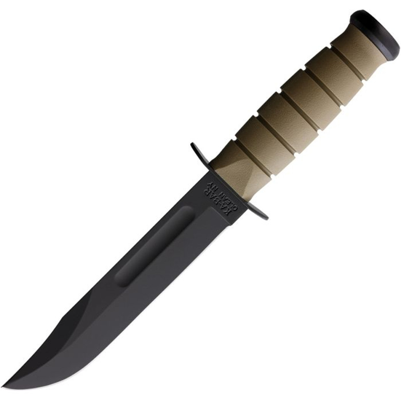 Ka-Bar USA Fight Knife (KA5013) 7" 1095 Cro-Van Black Clip Point Plain Blade, Tan Grooved Kraton Handle with a Black Steel Guard and Pommel, Tan Plastic Belt Sheath