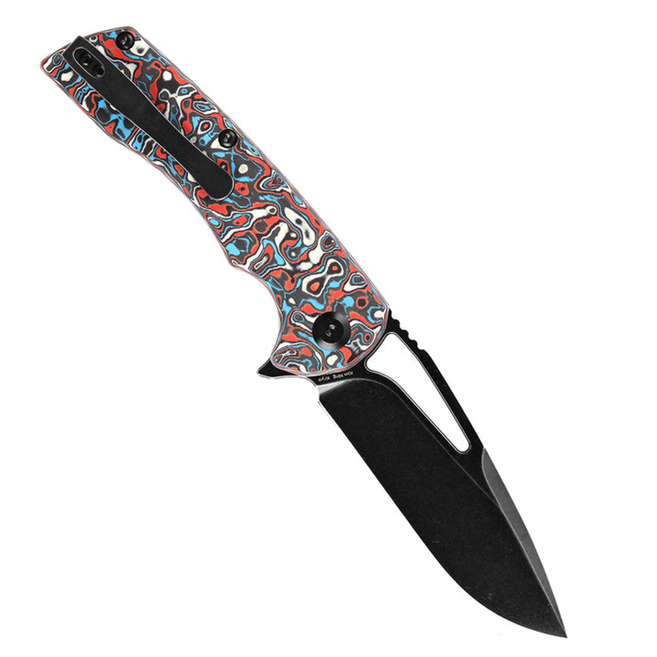 Kansept Knives Kryo (K1001M3) 3.58" S35VN Stonewashed Drop Point Plain Blade, Red/Blue Carbon Fiber Handle