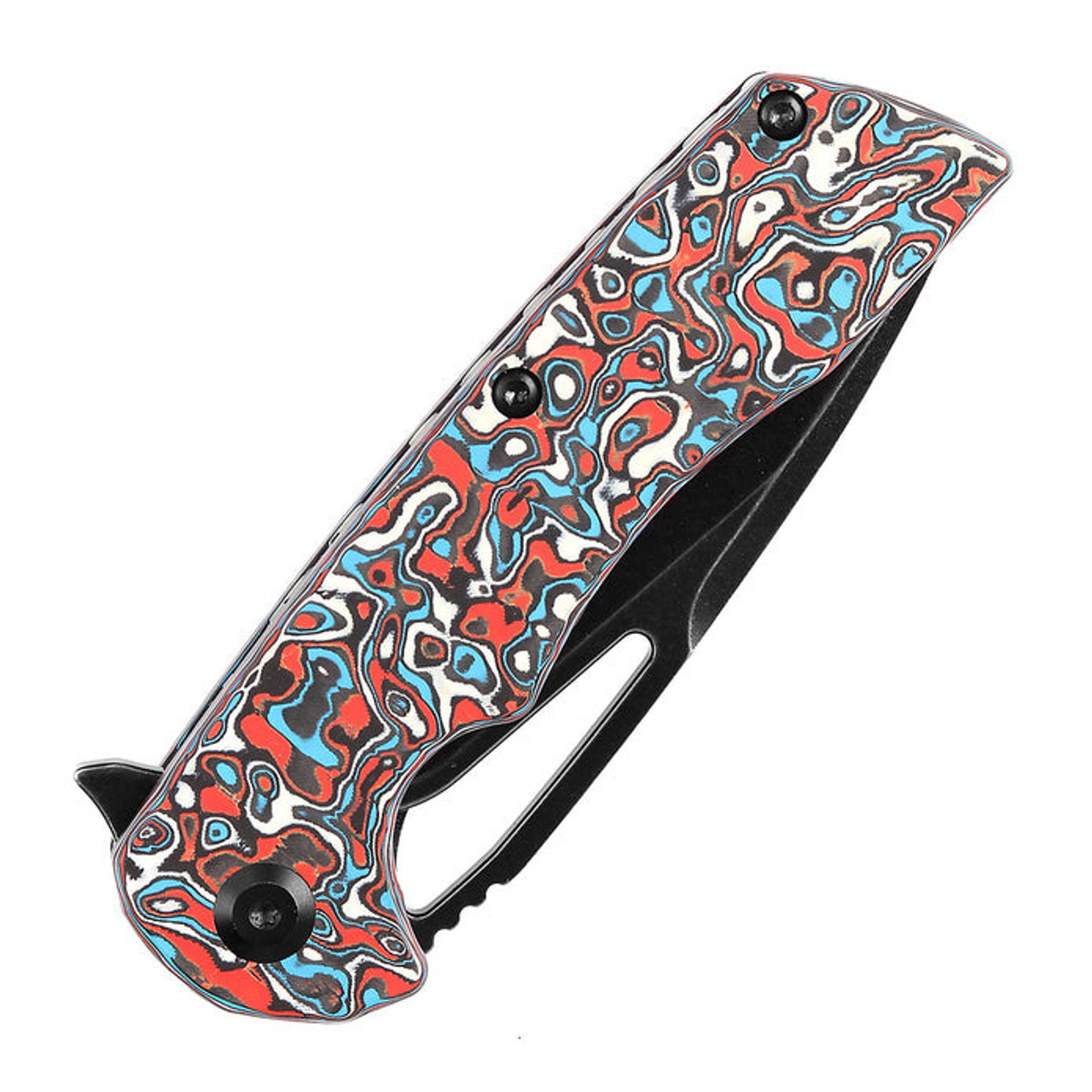 Kansept Knives Kryo (K1001M3) 3.58" S35VN Stonewashed Drop Point Plain Blade, Red/Blue Carbon Fiber Handle