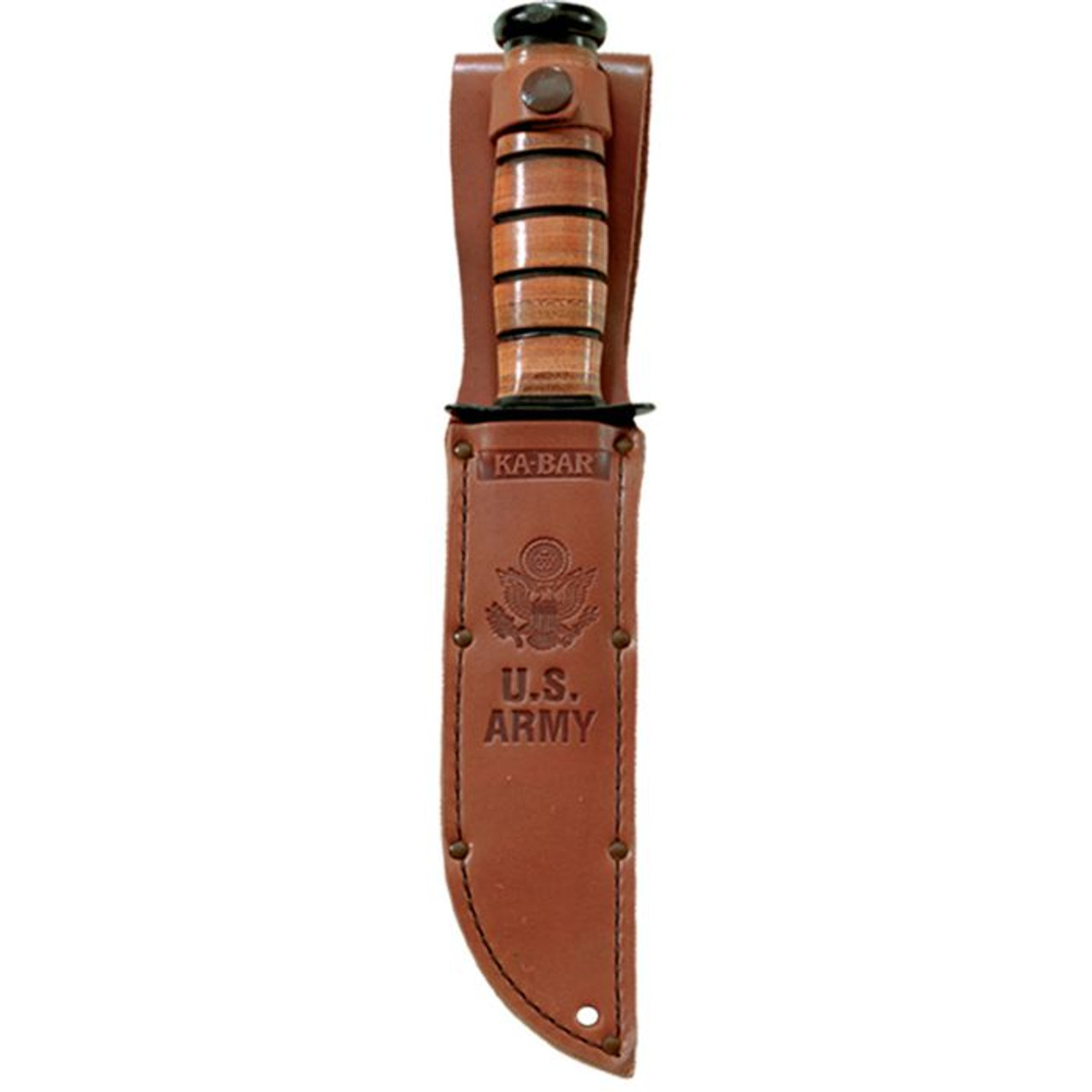 Ka-Bar 125th Annv Army (KA9225) 7" 1095 Cro-Van Black Clip Point Plain Blade, Stacked Leather Handle with a Steel Guard and Pommel, Brown Leather Belt Sheath