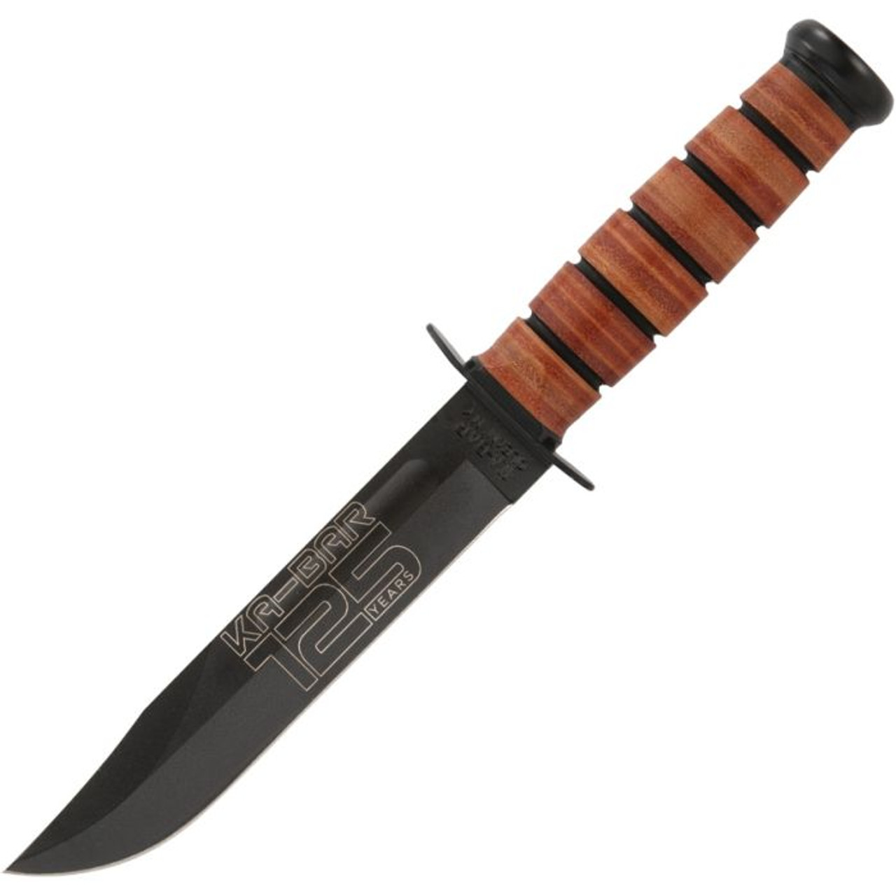 Ka-Bar 125th Annv USMC (KA9226) 7" 1095 Cro-Van Clip Point Plain Blade, Stacked Leather Handle with a Steel Guard and Pommel, Brown Leather Belt Sheath