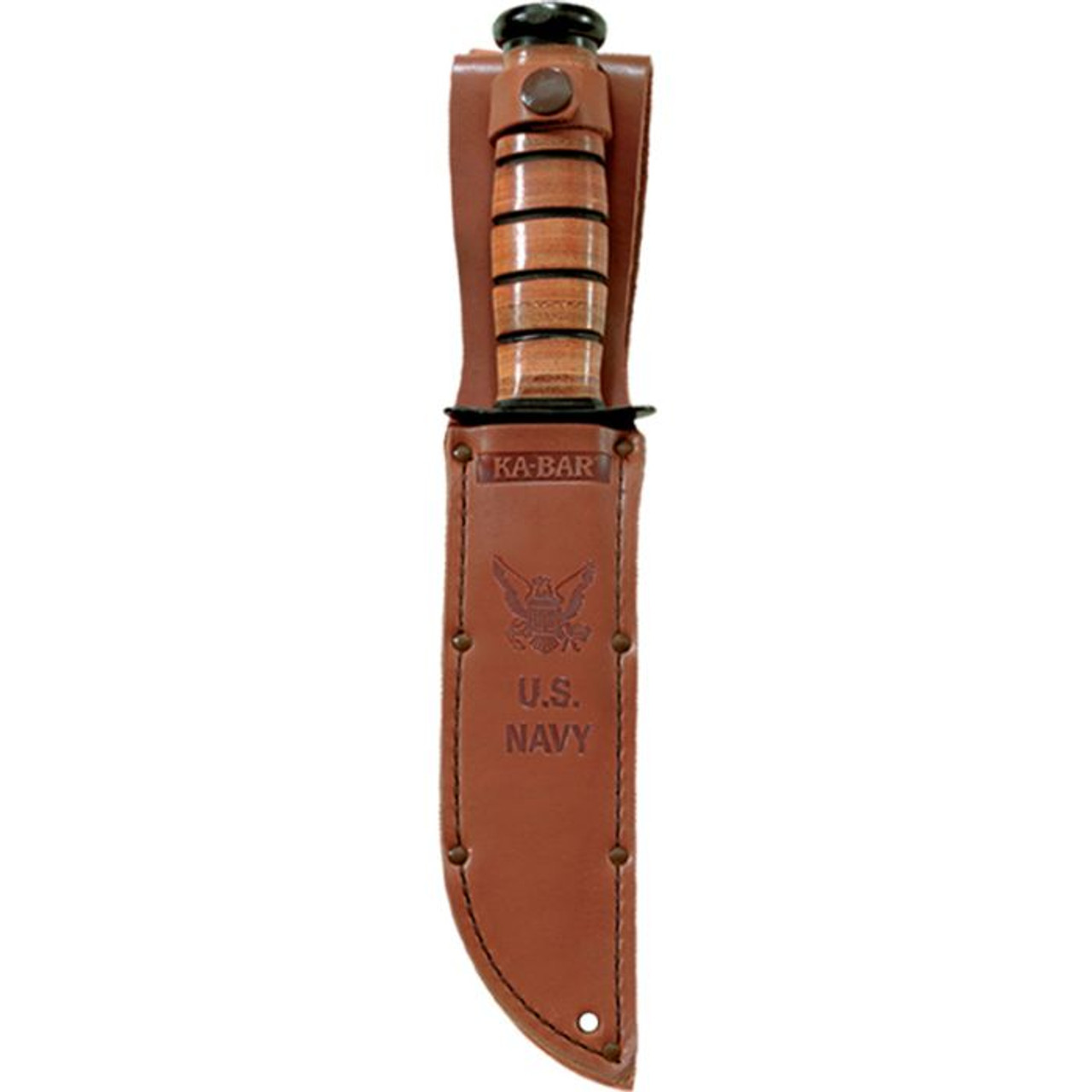 Ka-Bar 125th Anniversary Navy (KA9227) 7" 1095 Cro-Van Black Clip Point Plain Blade, Stacked Leather Handle with Steel Guard and Pommel, Brown Leather Belt Sheath