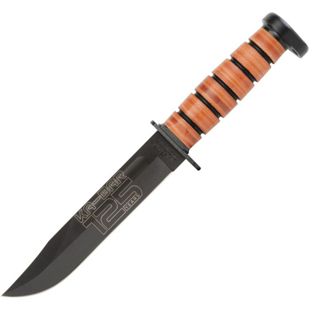 Ka-Bar 125th Anniversary Dog (KA9228) 7" 1095 Cro-Van Black Clip Point Plain Blade, Stacked Leather Handle with Steel Guard and Pommel, Brown Leather Belt Sheath