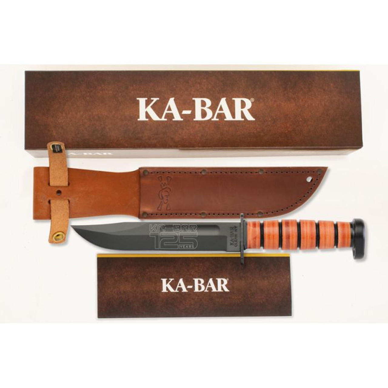 Ka-Bar 125th Anniversary Dog (KA9228) 7" 1095 Cro-Van Black Clip Point Plain Blade, Stacked Leather Handle with Steel Guard and Pommel, Brown Leather Belt Sheath