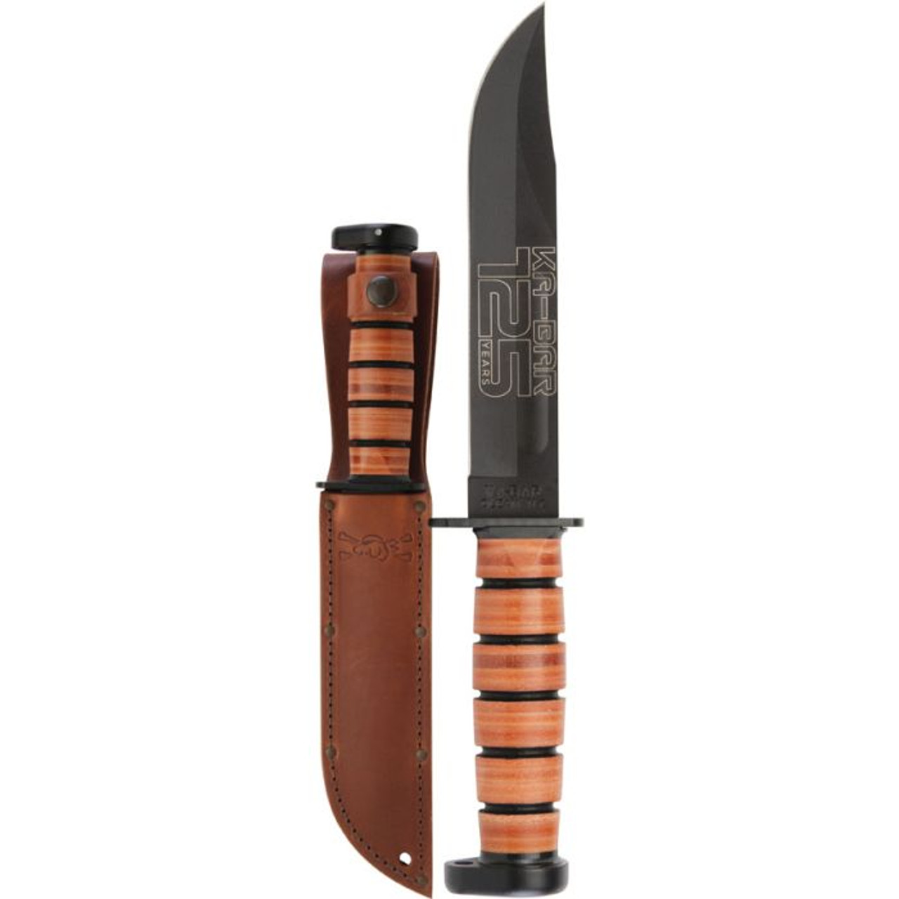 Ka-Bar 125th Anniversary Dog (KA9228) 7" 1095 Cro-Van Black Clip Point Plain Blade, Stacked Leather Handle with Steel Guard and Pommel, Brown Leather Belt Sheath