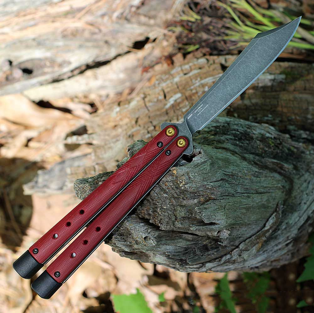 CPM-S30V stainless steel Blackwashed Scimitar plain edge butterfly knife