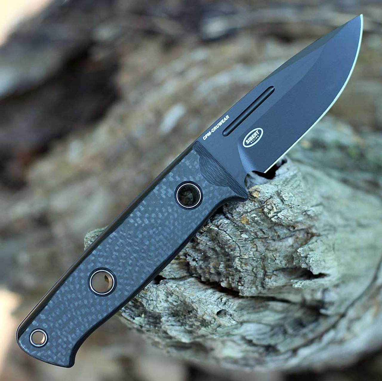 Benchmade Mini Bushcrafter (165BK) 3.38" CPM-CruWear Black Cerakote Drop Point Plain Blade, Black Carbon Fiber Handle, Black Modular Molded Sheath with Push Button Release