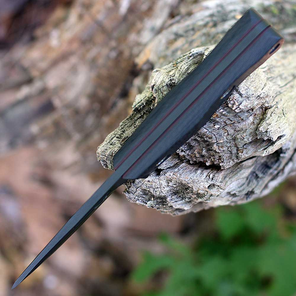 Benchmade Mini Bushcrafter 165BK with 3.38" CPM-CruWear black Cerakote plain drop point blade and Black Carbon Fiber handle, side view