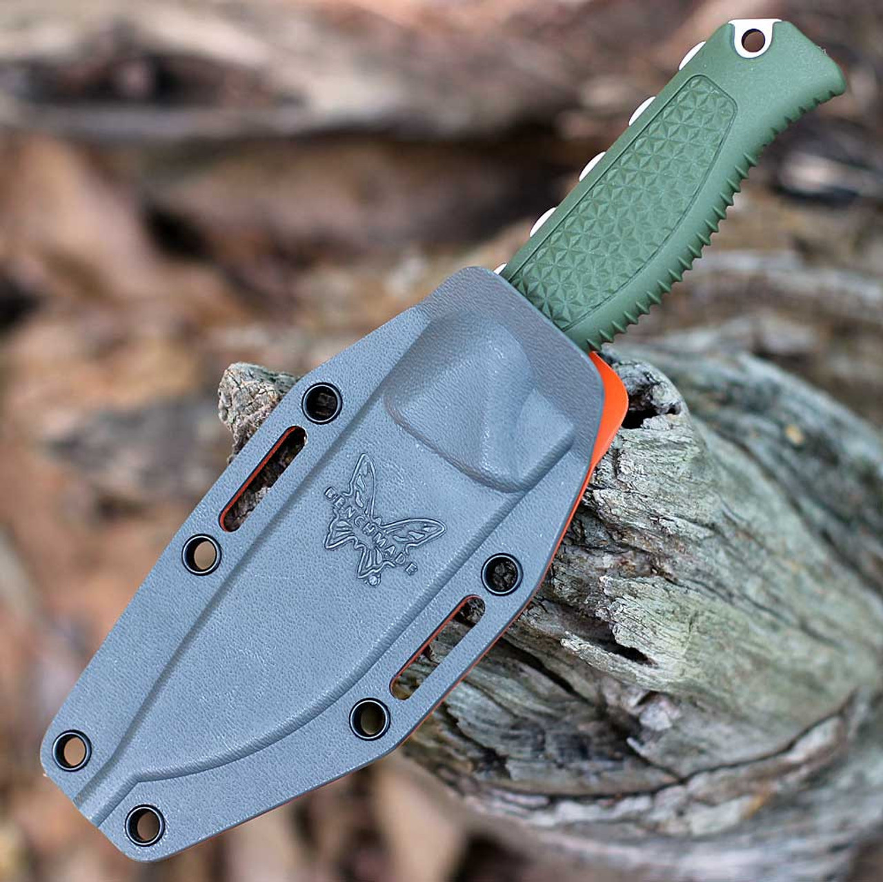 Benchmade Steep Country (BM15006-01) 3.54" CPM-S30V Stonewashed Clip Point Plain Blade, Dark Olive Santoprene Handle, Dual Orange and Gray Boltaron Sheath