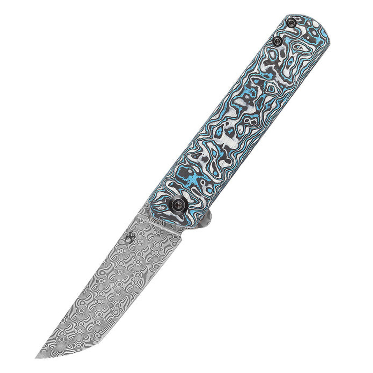 Kansept Knives Foosa (K2020T2) 3.06" Damascus Tanto Plain Blade, Blue/White Carbon Fiber Handle