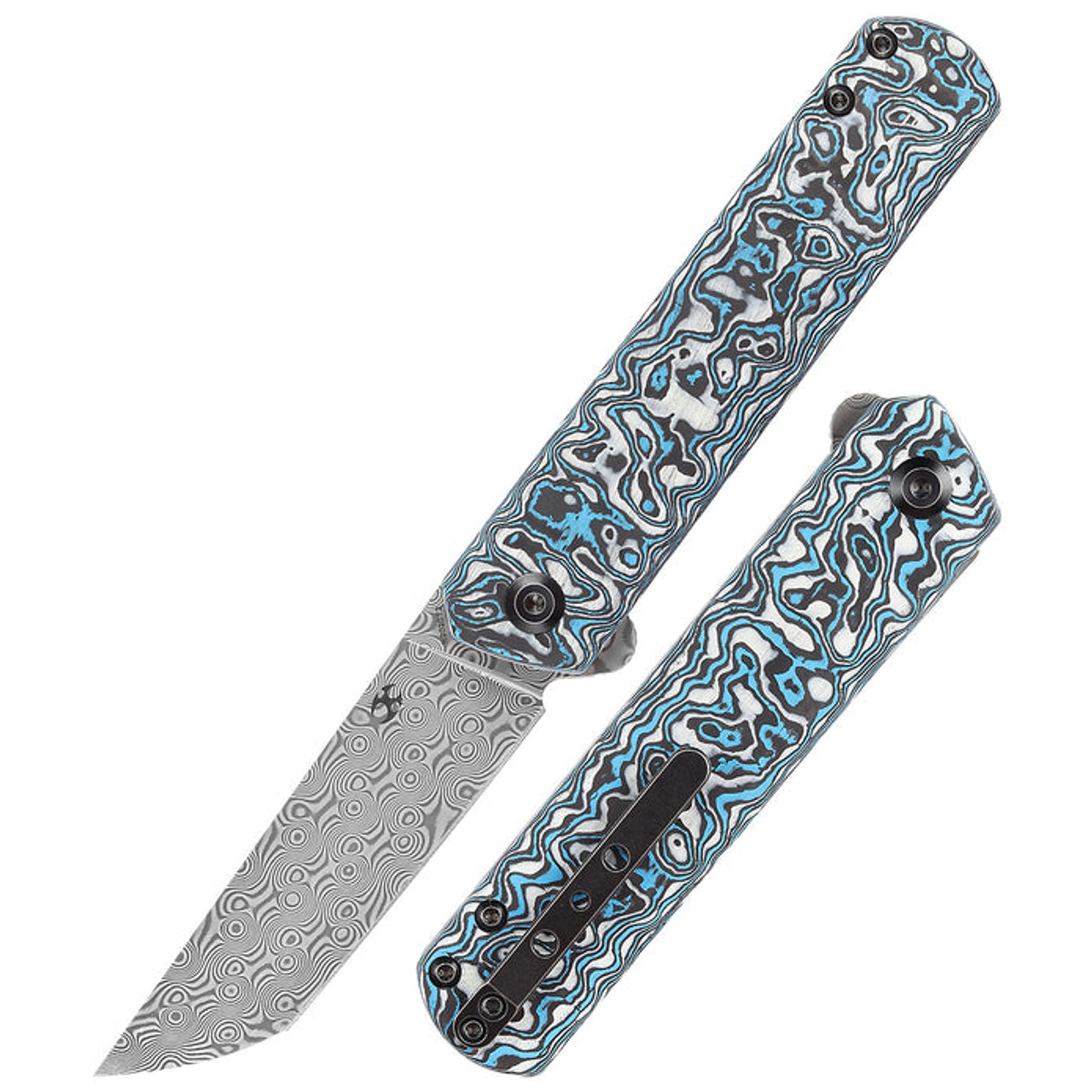 Kansept Knives Foosa (K2020T2) 3.06" Damascus Tanto Plain Blade, Blue/White Carbon Fiber Handle