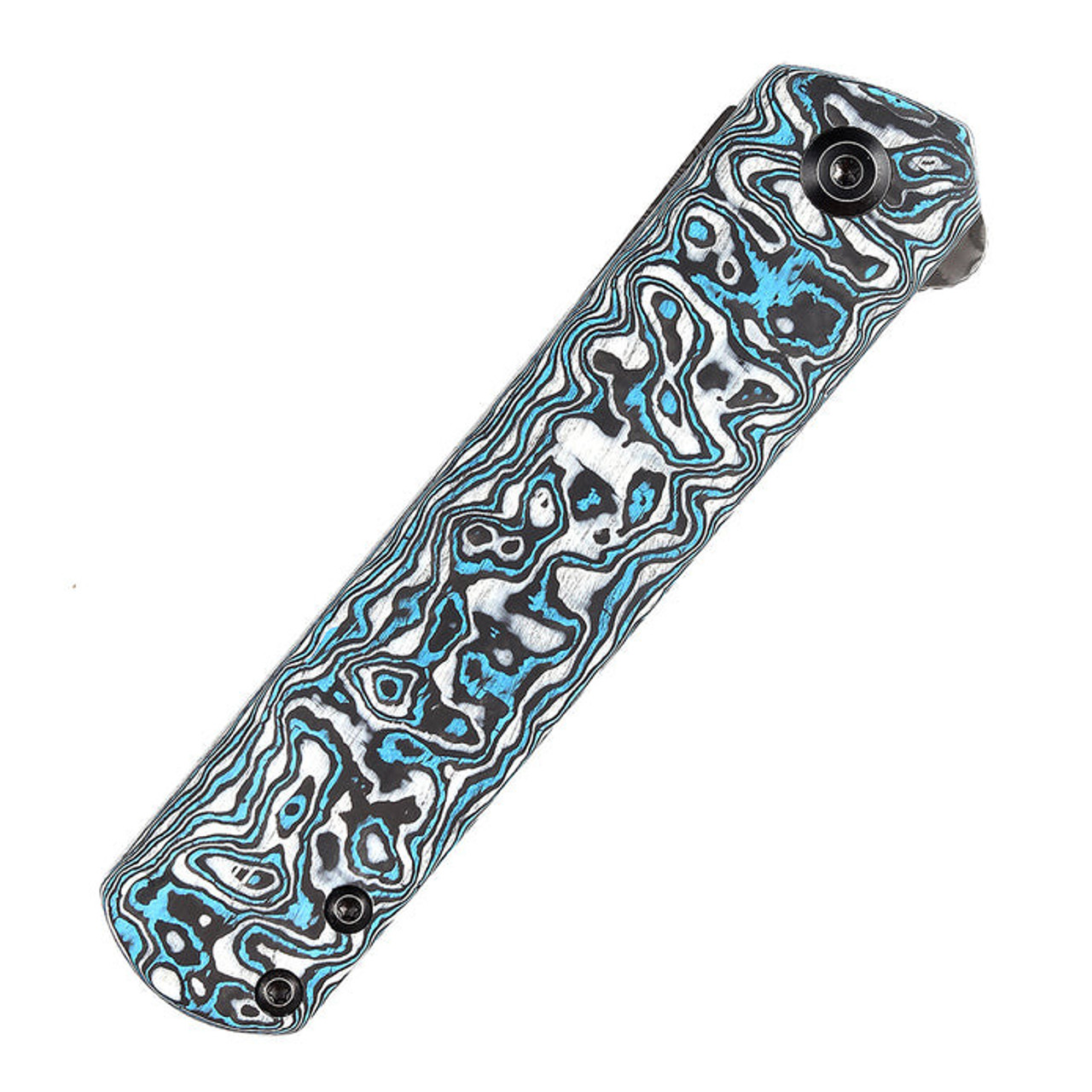 Kansept Knives Foosa (K2020T2) 3.06" Damascus Tanto Plain Blade, Blue/White Carbon Fiber Handle