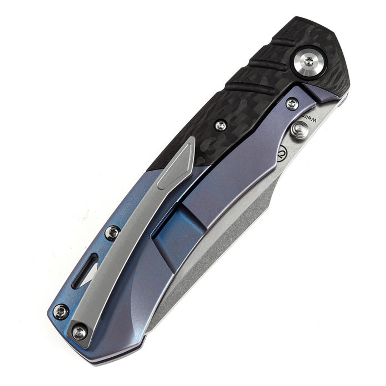 Kansept Knives Weim (K1051A2) 3.28" CPM-S35VN Stonewashed Sheepsfoot Plain Blade, Black/Blue Anodized Titanium +  Twill Carbon Fiber Handle