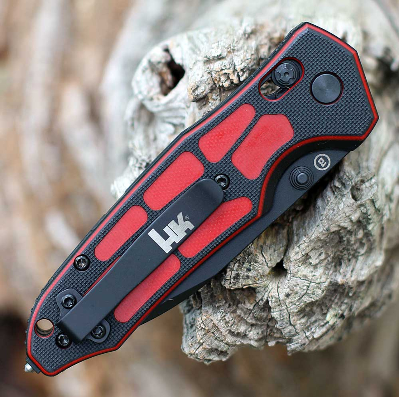 Hogue HK First Response Tool Partially Serrated (54750) 3.5" Black Cerakote CPM-S45VN Drop Point Partially Serrated Blade, ChromaCut Black and Red G-10 Handle