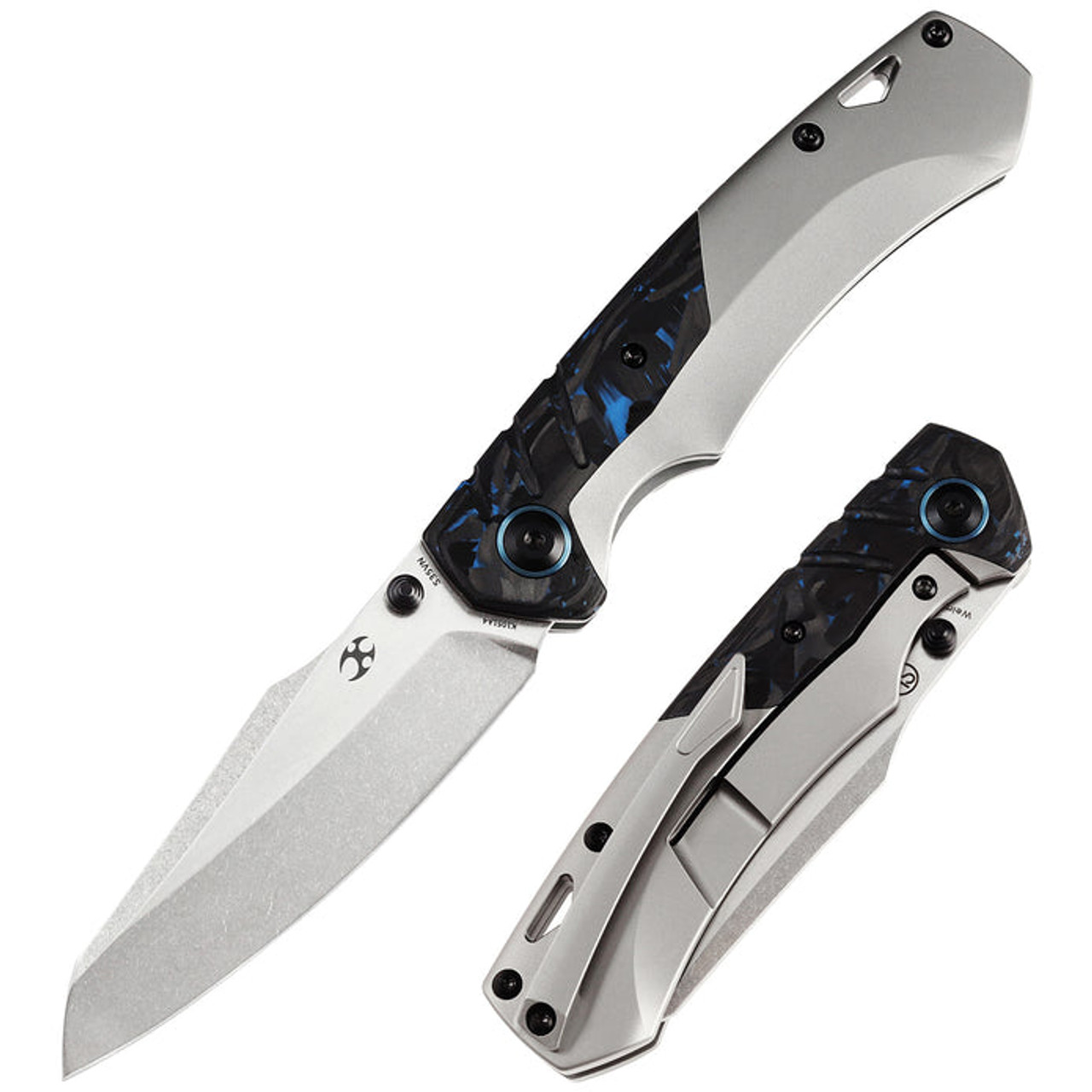 Kansept Knives Weim (K1051A4) 3.28" CPM-S35VN Black Stonewashed Sheepsfoot Plain Blade, Black Plian Titanium + Blue Carbon Fiber Handle