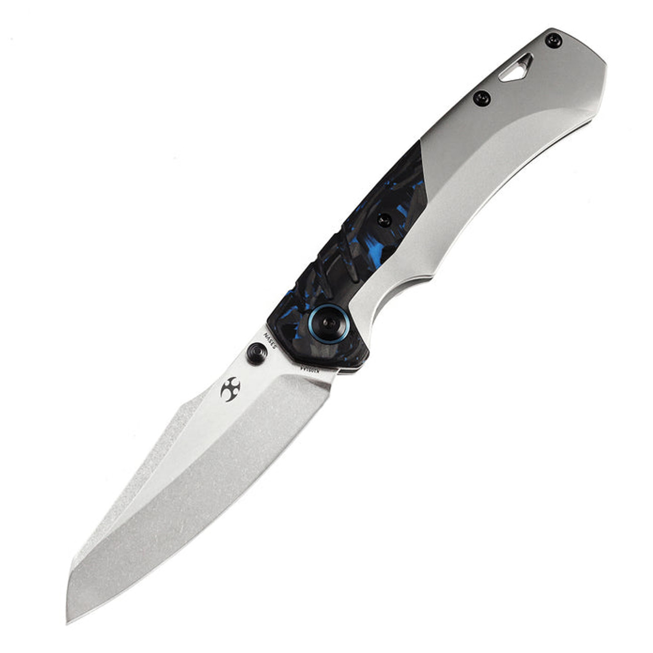 Kansept Knives Weim (K1051A4) 3.28" CPM-S35VN Black Stonewashed Sheepsfoot Plain Blade, Black Plian Titanium + Blue Carbon Fiber Handle