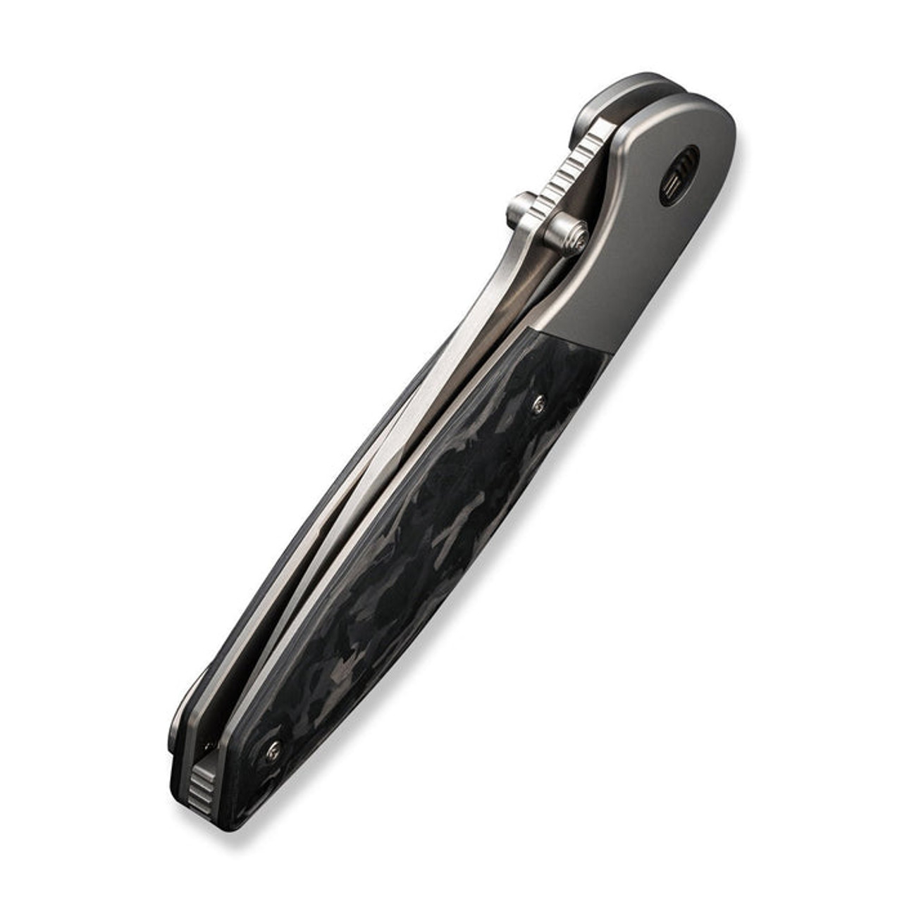 WE Knife Nitro OG (WE230351) 3.75" CPM-20CV Hand Rubbed Satin Drop Point Plain Blade, Gray and Black 6AL4V Titanium with Carbon Fiber Inlay