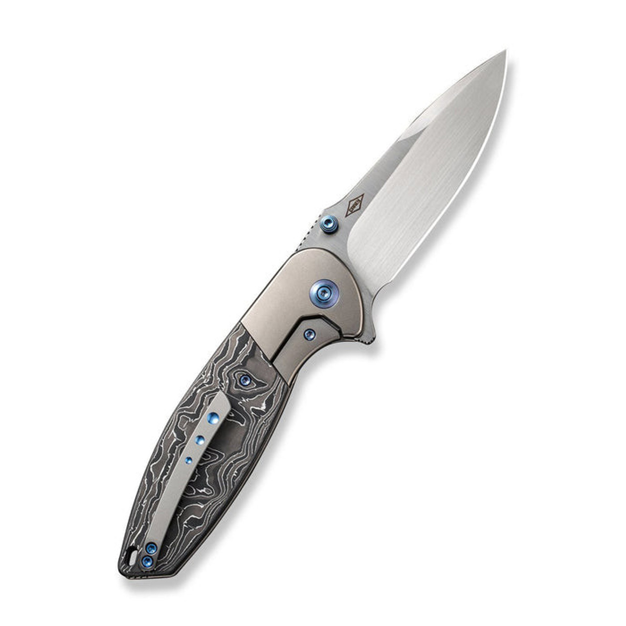WE Knife Nitro OG (WE230353) 3.75" CPM-20CV Hand Rubbed Satin Drop Point Plain Blade, Bead Blasted Titanium with Black White and Gray Aluminum Foil Carbon Fiber Inlay