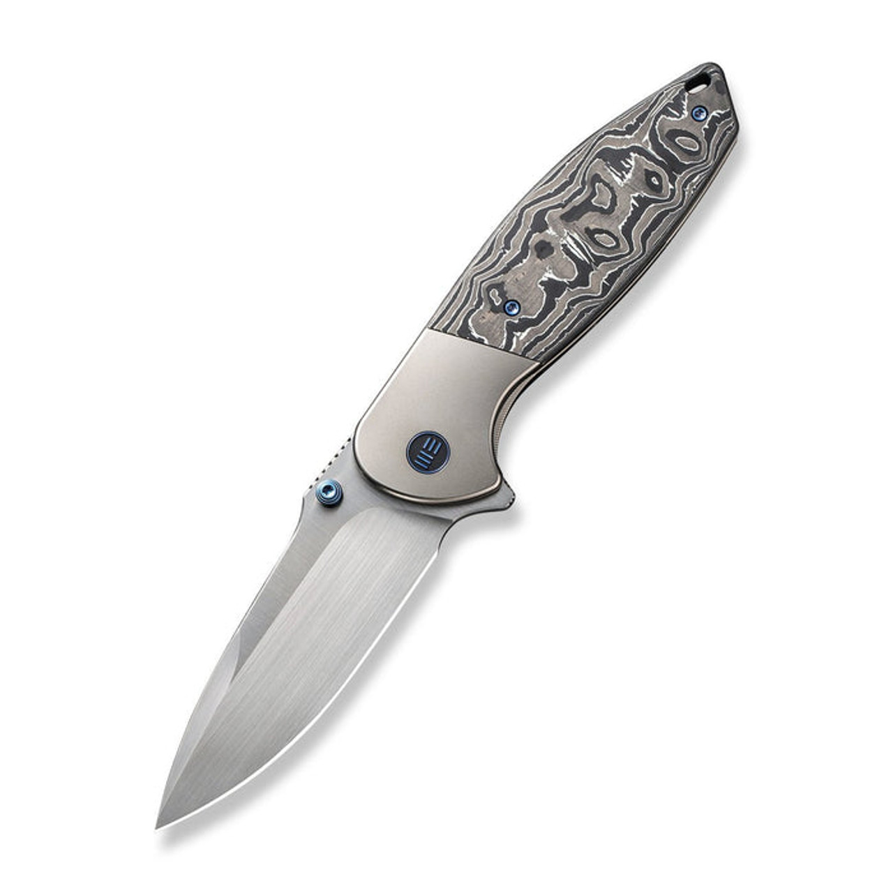 WE Knife Nitro OG (WE230353) 3.75" CPM-20CV Hand Rubbed Satin Drop Point Plain Blade, Bead Blasted Titanium with Black White and Gray Aluminum Foil Carbon Fiber Inlay