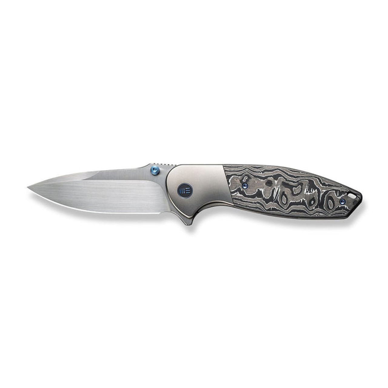 WE Knife Nitro OG (WE230353) 3.75" CPM-20CV Hand Rubbed Satin Drop Point Plain Blade, Bead Blasted Titanium with Black White and Gray Aluminum Foil Carbon Fiber Inlay