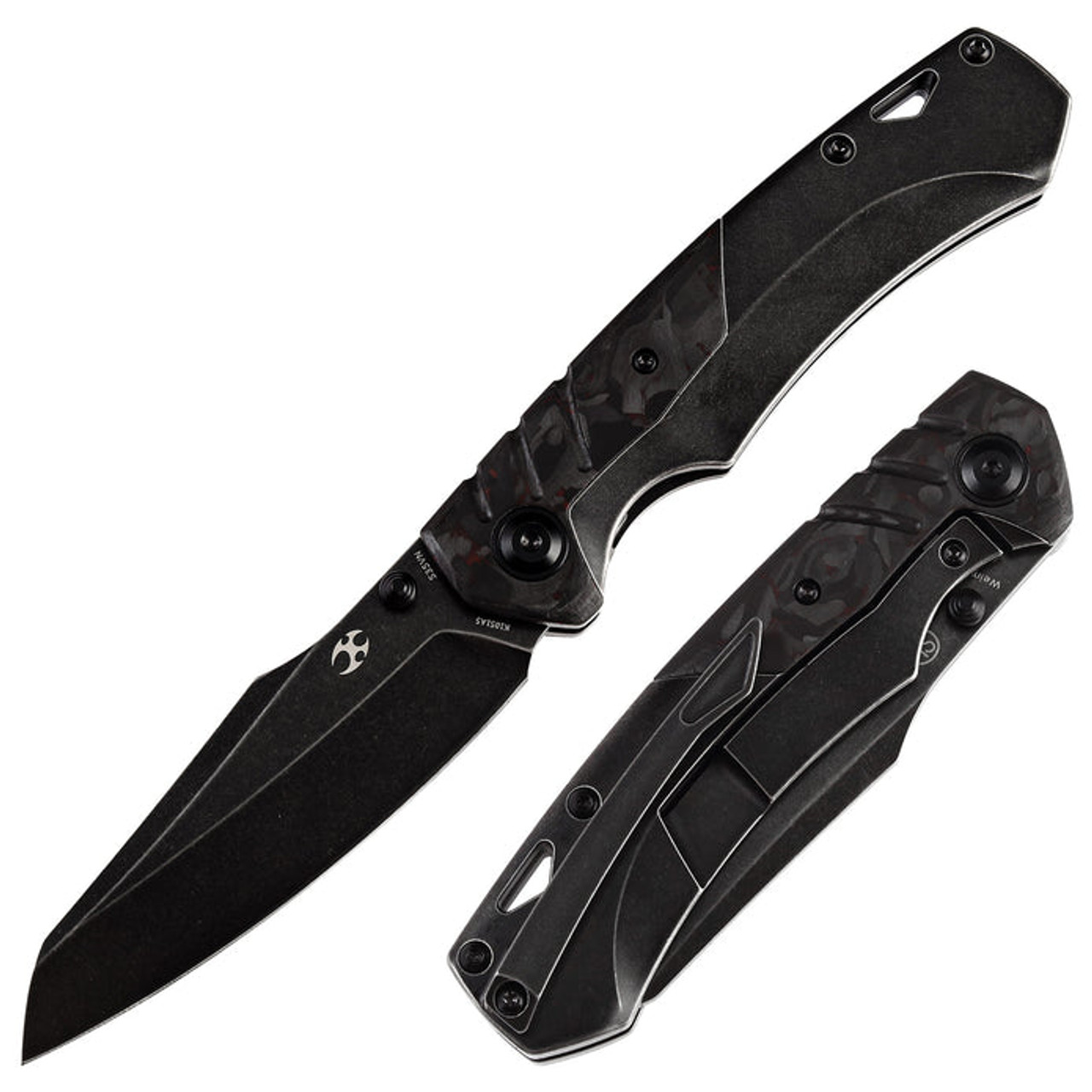 Kansept Knives Weim (K1051A5) 3.28" CPM-S35VN Black Stonewashed Sheepsfoot Plain Blade, Black Stonewashed Titanium + Red Carbon Fiber Handle