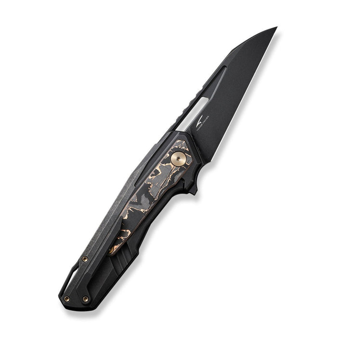 WE Knife Falcaria (WE23012B2) 3.64" CPM-20CV Blackwashed Wharncliffe Plain Blade, Black Titanium Handle with Copper Foil Carbon Fiber Inlay