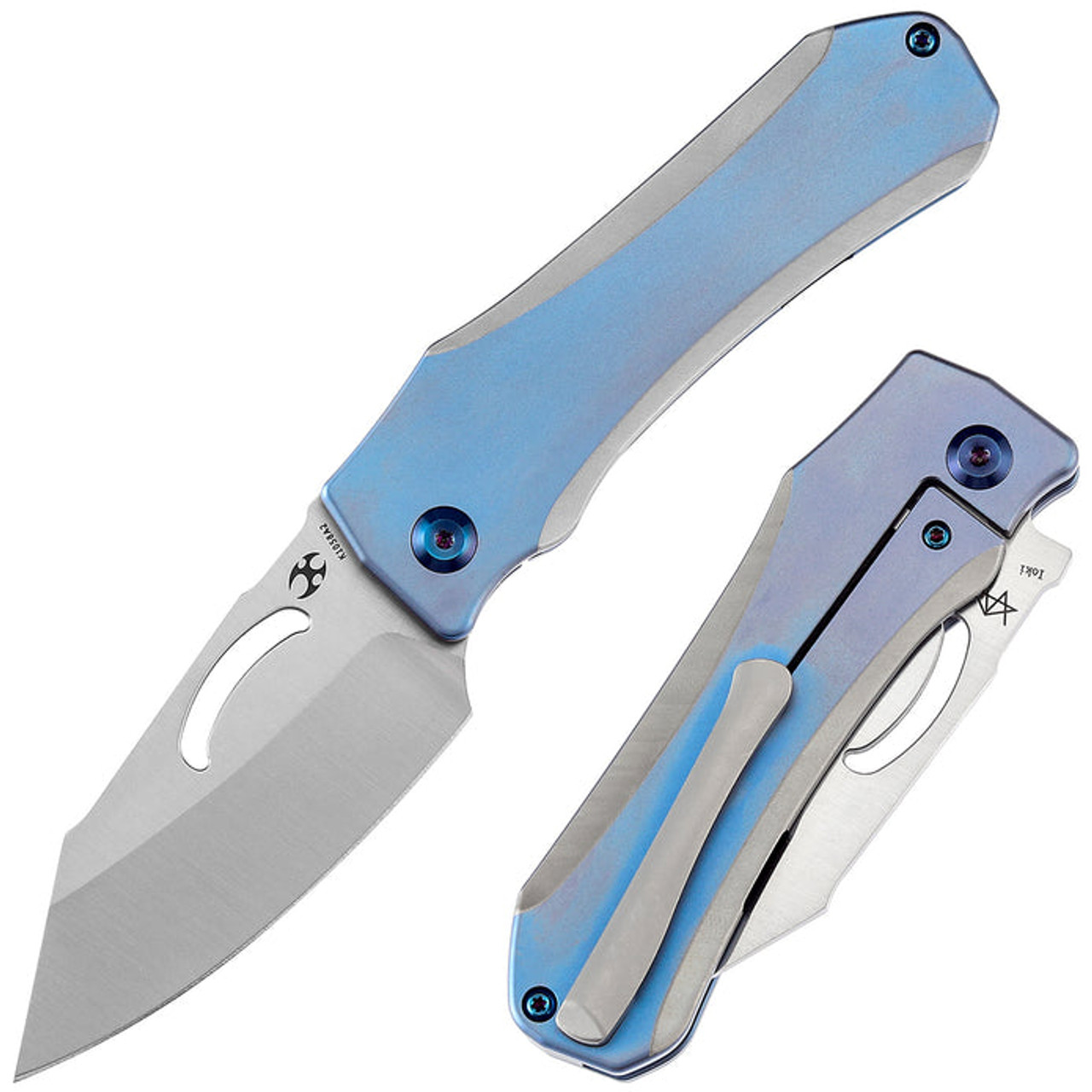 Kansept Knives Loki (K1058A2) 2.99" CPM-S35VN Satin Drop Point Plain Blade, Blue Titanium Handle