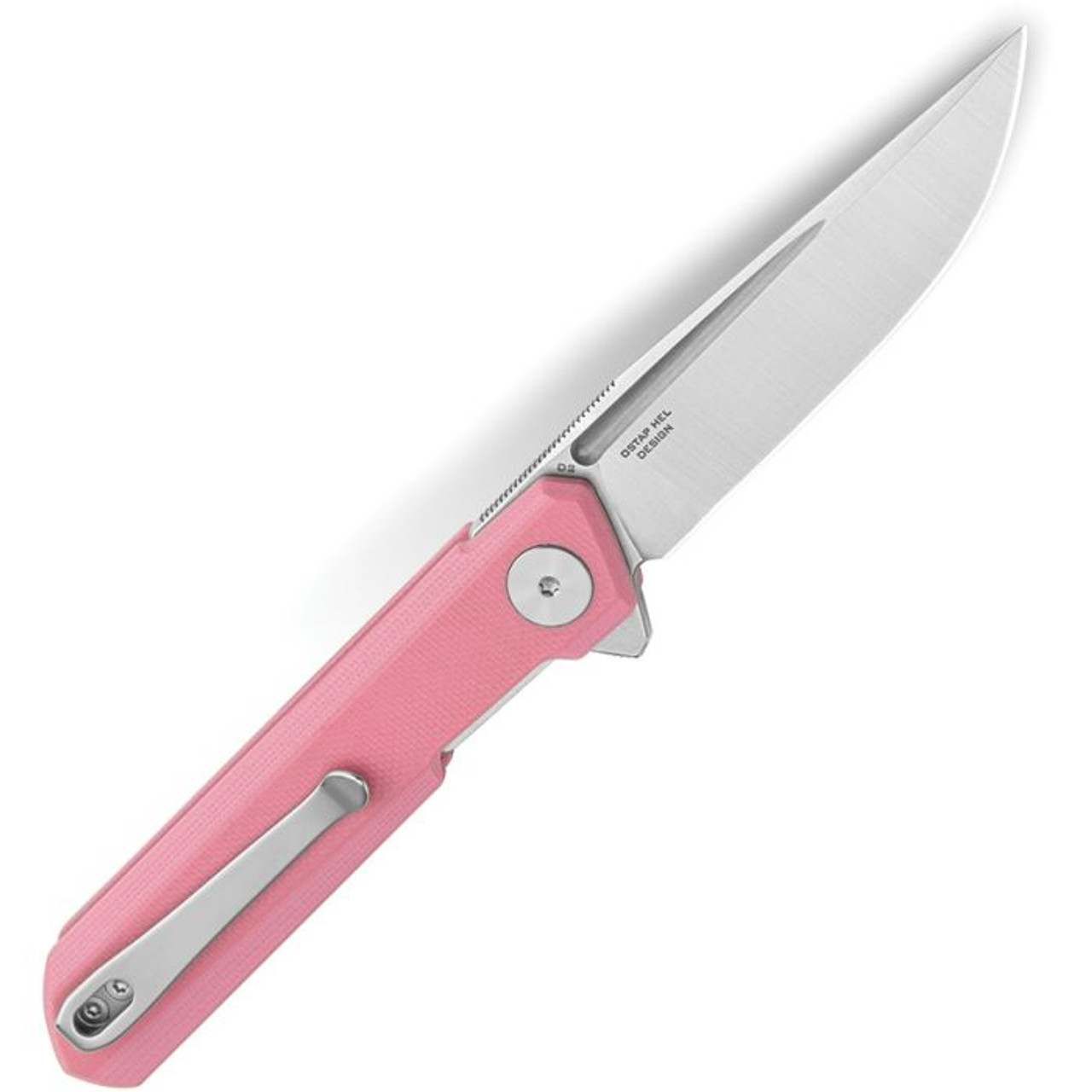 Bestechman Mini Dundee (BTKMK03B) 2.92" D2 Satin and Stonewashed Drop Point Plain Blade, Pink G-10 Handle