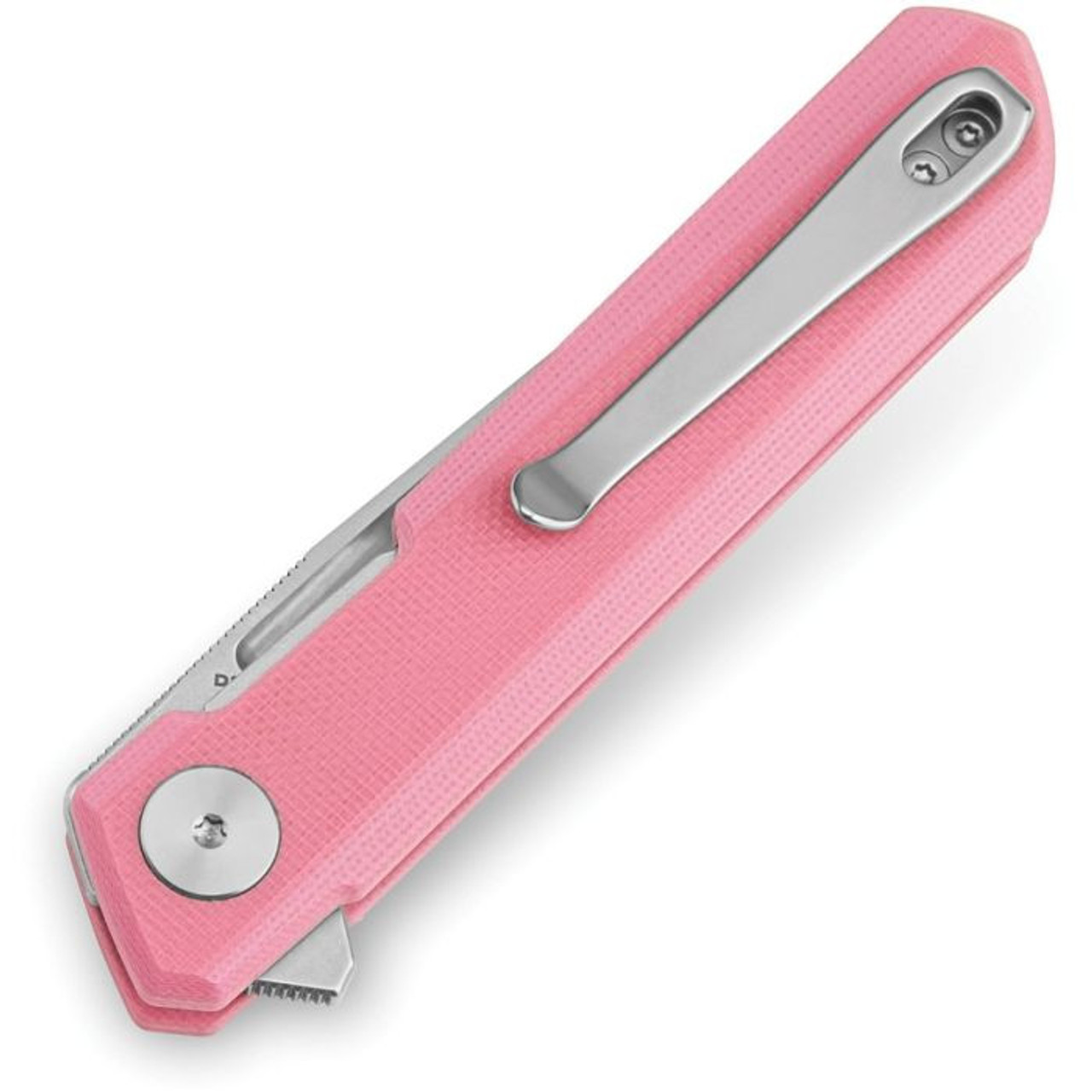 Bestechman Mini Dundee (BTKMK03B) 2.92" D2 Satin and Stonewashed Drop Point Plain Blade, Pink G-10 Handle
