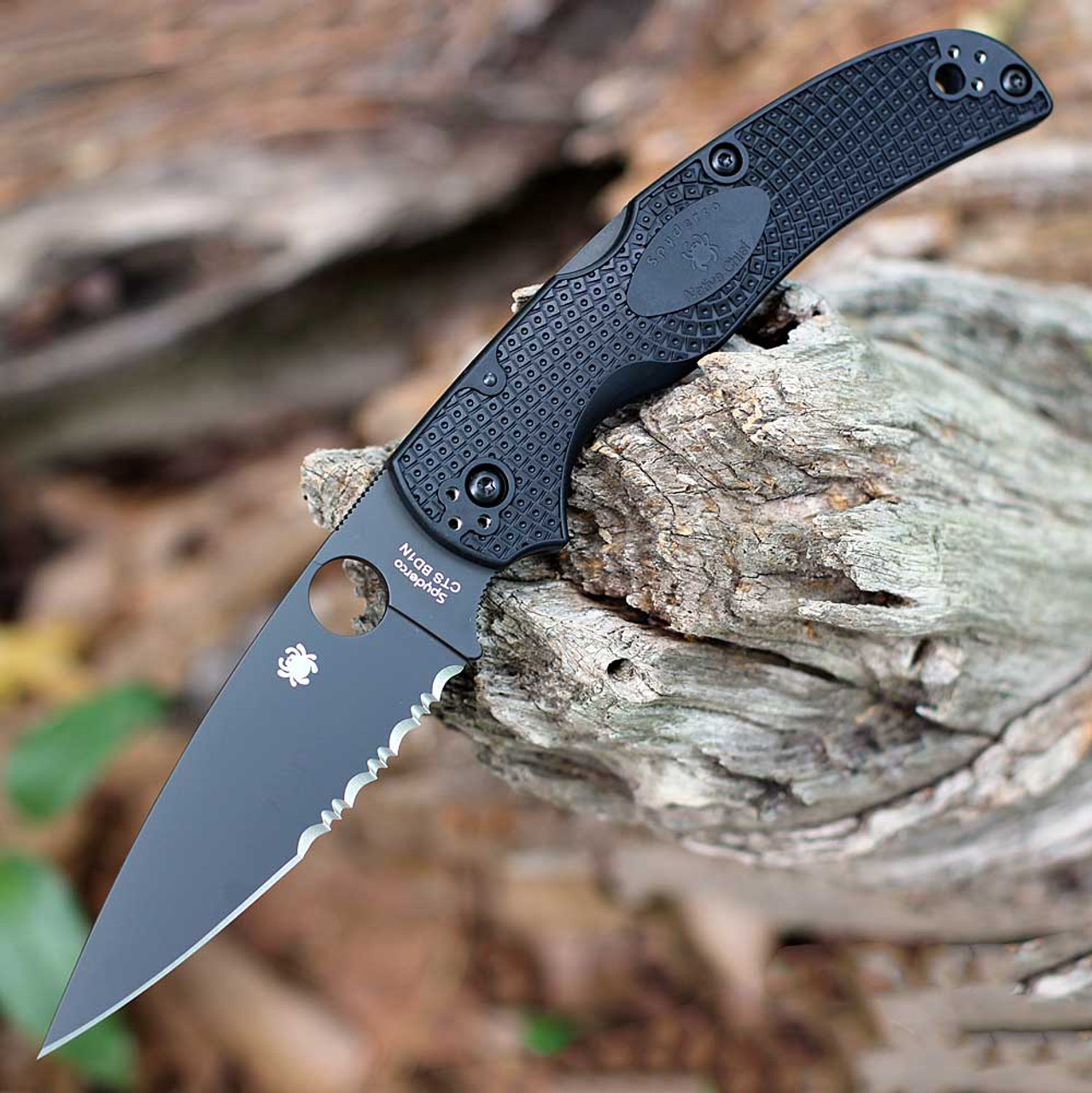 Spyderco Native Chief Lightweight C244PSBBK, 4.08" DLC Black CTS-BD1N Partially Serrated Blade, Black FRN Handle