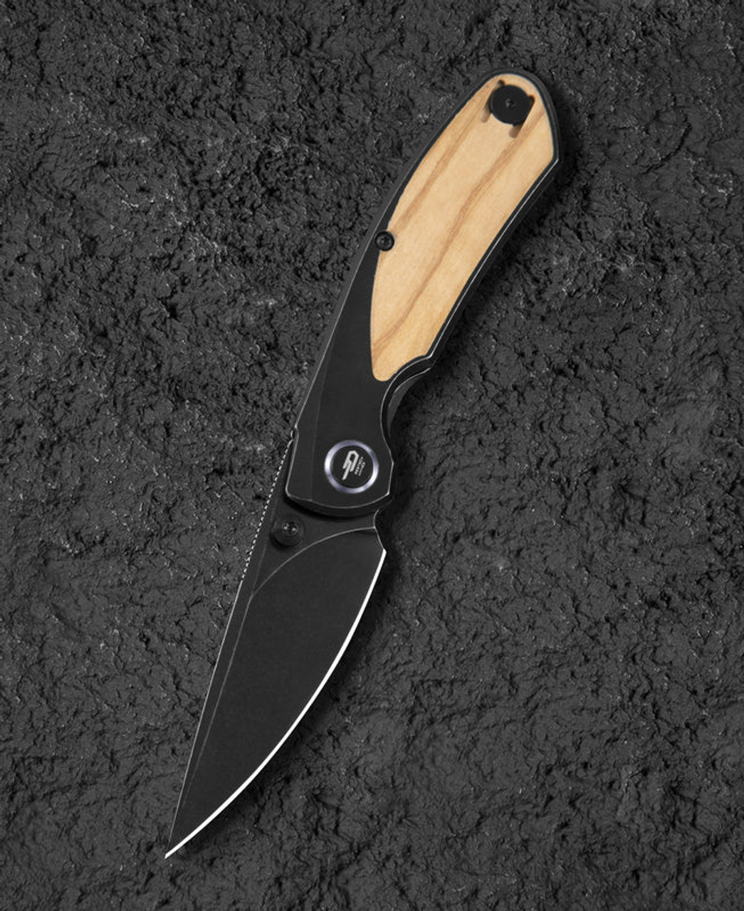Bestech Knives Lito (BTKT2307C) 2.48" M390 Black Stonewashed Drop Point Plain Blade, Titanium+Olive Wood Inlay Handle