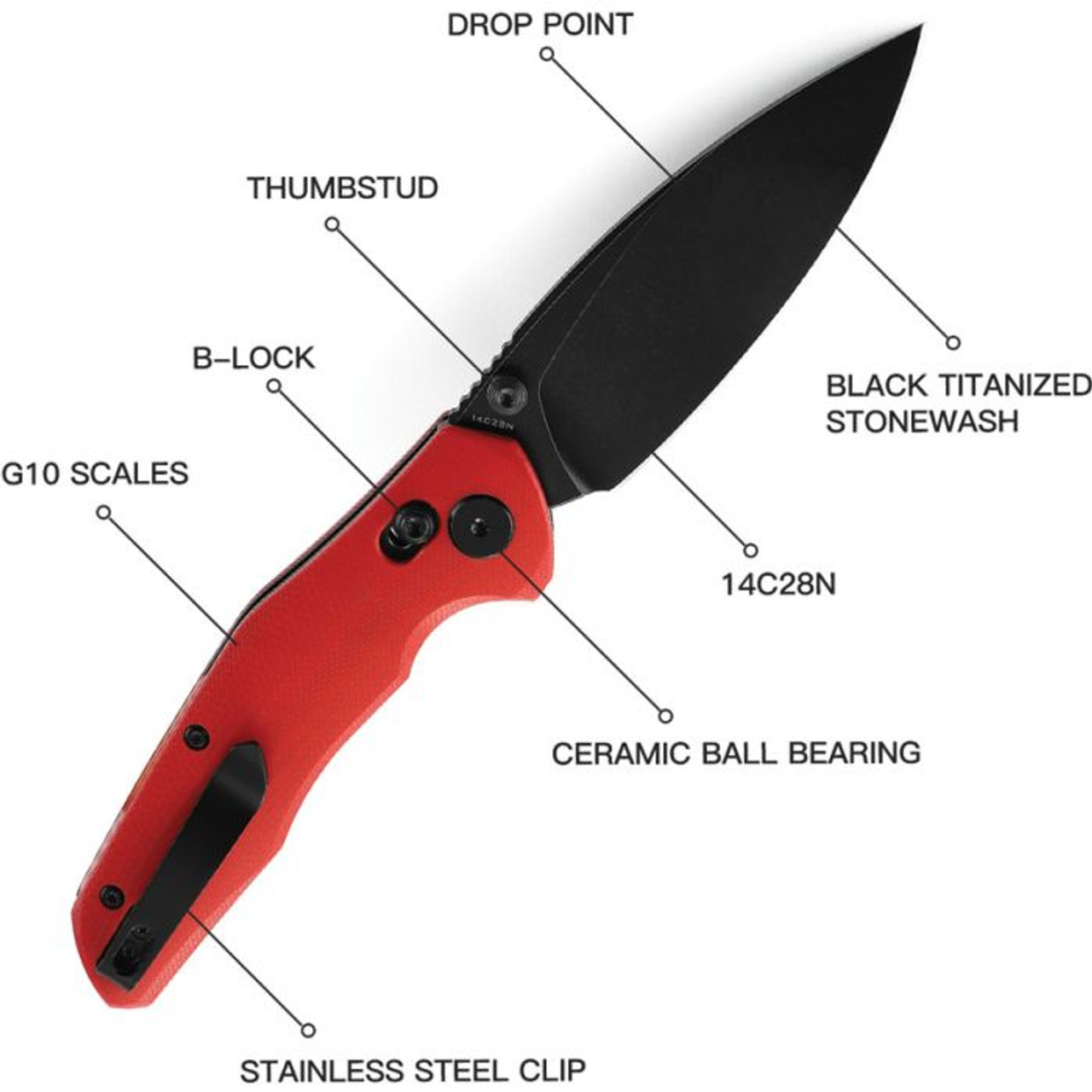 Bestechman Ronan (BTKMK02J) 3.26" 14C28N Black PVD Coated Drop Point Plain Blade, Red G-10 Handle