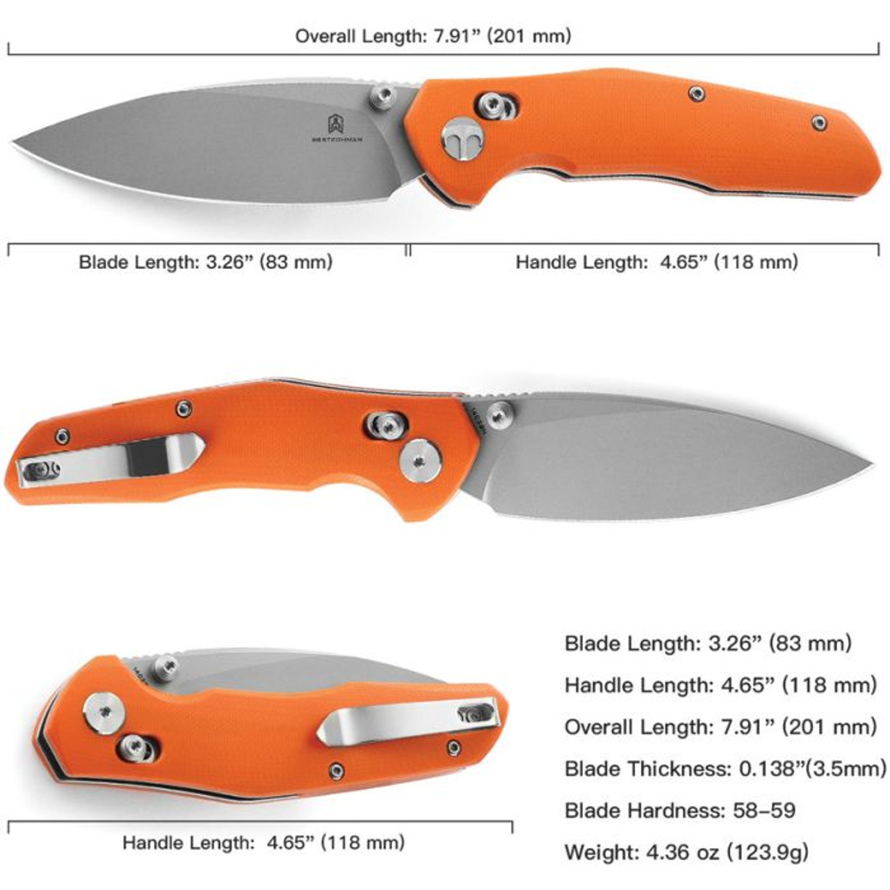 Bestechman Ronan (BTKMK02J) 3.26" Sandvik 14C28N Stonewashed Drop Point Plain Blade, Orange G-10 Handle